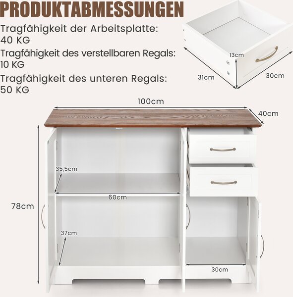 COSTWAY Příborník Kuchyňská skříňka bílá, Kuchyňský ostrov s pracovní deskou 100 × 40 cm Bufetová skříňka se 3 dveřmi, 2 zásuvkami a nastavitelnými policemi