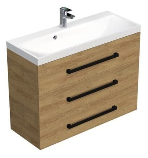 Koupelnová skříňka s černou úchytkou a umyvadlem SAT Cube Way 100x47,5x40 cm dub Hickory mat CUBE2C1003DH