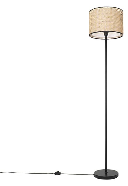 Venkovská stojací lampa černá s ratanovým odstínem - Kata