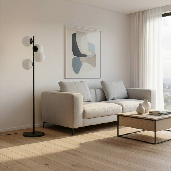 Opviq Stojací lampa Faze, černá, sklo, výška 130 cm, 4 žárovky, E27, Černá, Obývací pokoj / jídelna, kov