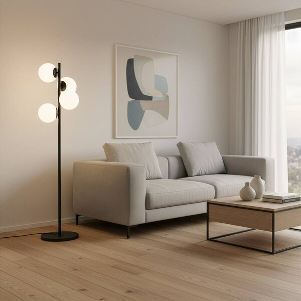Opviq Stojací lampa Faze, černá, sklo, výška 130 cm, 4 žárovky, E27, Černá, Obývací pokoj / jídelna, kov