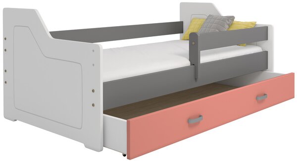 Dětská postel Miki 80x160 B4, bílá/šedá/růžová + rošt, matrace, úložný prostor