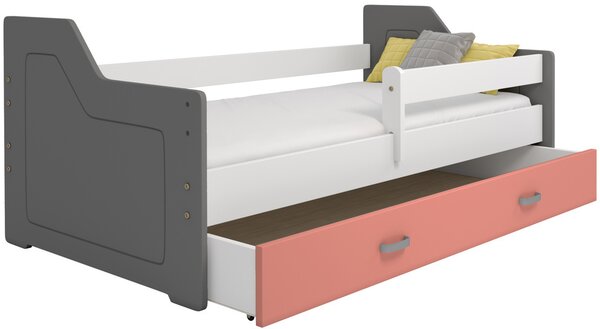 Dětská postel Miki 80x160 B4, šedá//bílá/růžová + rošt, matrace, úložný prostor
