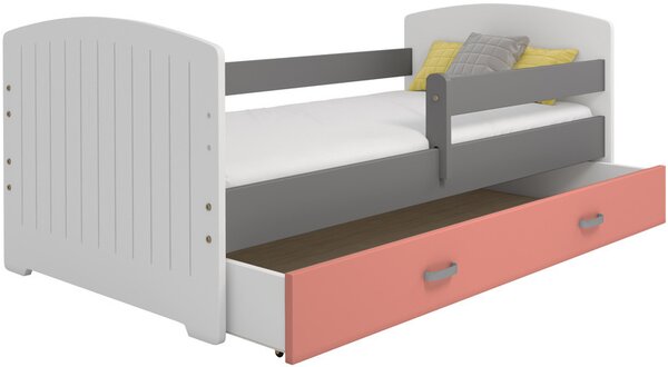 Dětská postel Miki 80x160 B5, bílá/šedá/růžová + rošt, matrace, úložný prostor
