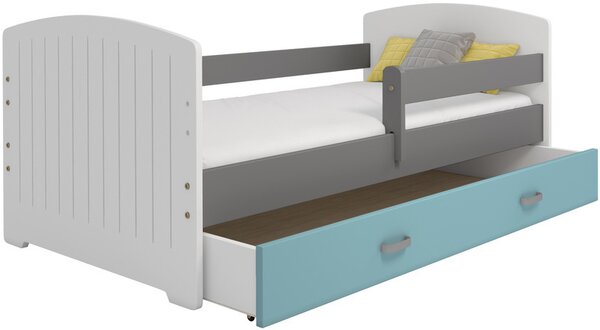 Dětská postel Miki 80x160 B5, bílá/šedá/modrá + rošt, matrace, úložný prostor