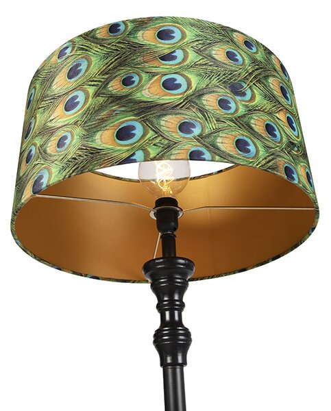 Stojací lampa černá s sametovým stínítkem Peacock Gold 50 cm - Classico
