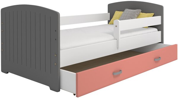 Dětská postel Miki 80x160 B5, šedá/bílá/růžová + rošt, matrace, úložný prostor