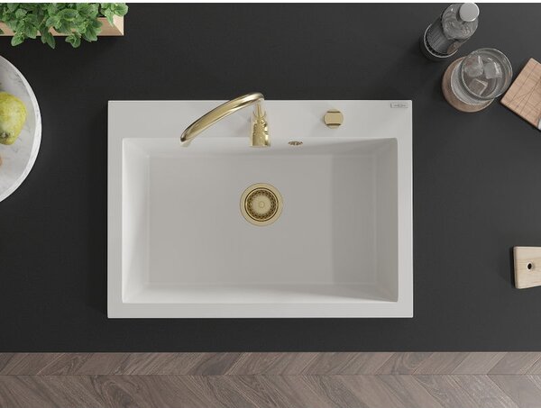 Mexen Elix granitový dřez 1-komorový 700 x 500 mm, bílý, zlatý sifon - 6526701005-20-G