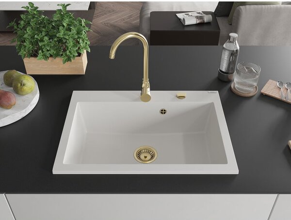 Mexen Elix granitový dřez 1-komorový 700 x 500 mm, bílý, zlatý sifon - 6526701005-20-G