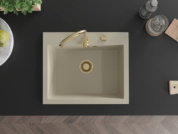 Mexen Elix granitový dřez 1-komorový 600 x 500 mm, béžový, sifon zlatý - 6525601005-69-G