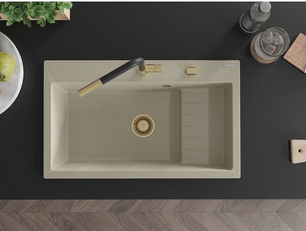 Mexen Omar granitový dřez 1-komorový 800 x 480 mm, béžový, zlatý sifon - 6520801005-69-G