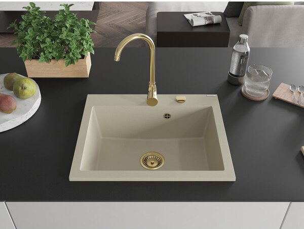 Mexen Elix granitový dřez 1-komorový 600 x 500 mm, béžový, sifon zlatý - 6525601005-69-G