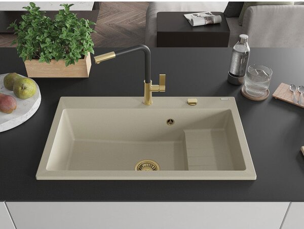 Mexen Omar granitový dřez 1-komorový 800 x 480 mm, béžový, zlatý sifon - 6520801005-69-G