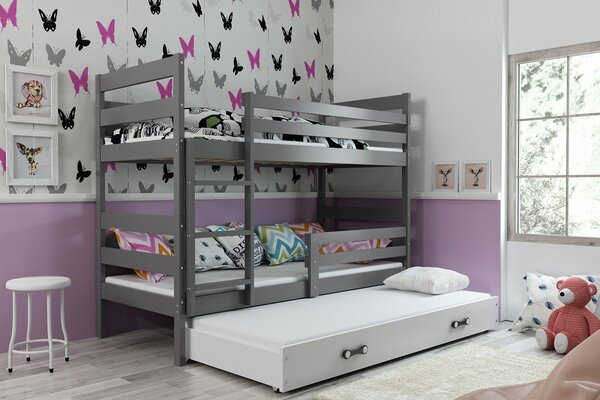 Dětská patrová postel Eryk - 3 osoby, 80x160 s výsuvnou přistýlkou – Grafitová, Bílá