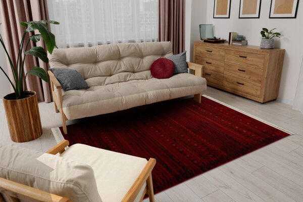 Koberec ORIENT 5820 s třásněmi, pruhy / orientální, bordó / černý
