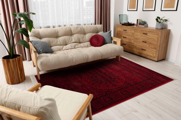 Koberec ORIENT 6039 s třásněmi, rám / orientální / rozeta, bordó / černý