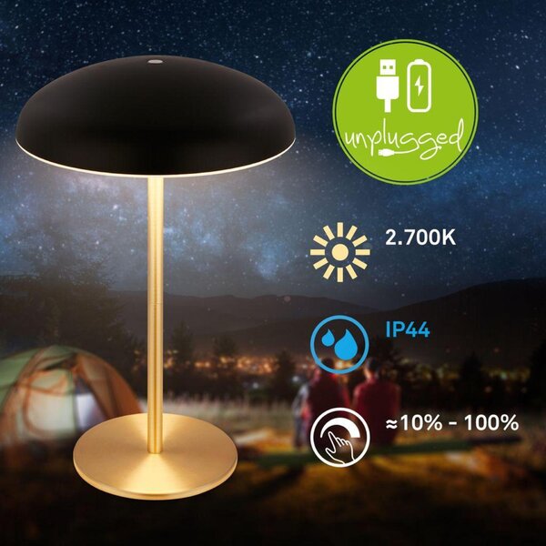 BRILONER Caxa stolní lampa - 2,8W, 300lm, bezdrátová, IP44, LED, stmívatelná, dotykový vypínač, černá/mosaz 7573015