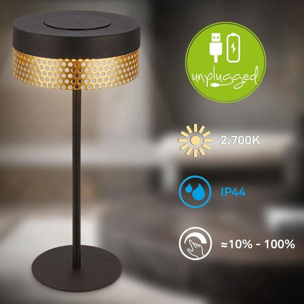 BRILONER Booha stolní lampa - 2,5W, 300lm, bezdrátová, IP44, LED, stmívatelná, teplá bílá, černá/zlatá 7576015