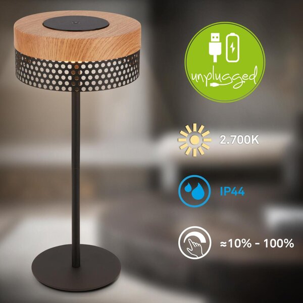 BRILONER Booha stolní lampa - 2,5W, 300lm, bezdrátová, IP44, LED, stmívatelná, teplá bílá, černá/dřevo 7576014