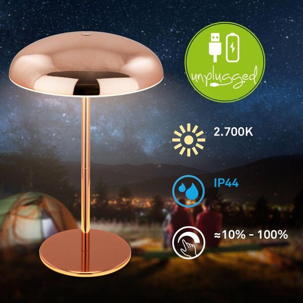 BRILONER Caxa stolní lampa - 2,8W, 300lm, bezdrátová, IP44, LED, stmívatelná, dotykový vypínač, měď 7573013