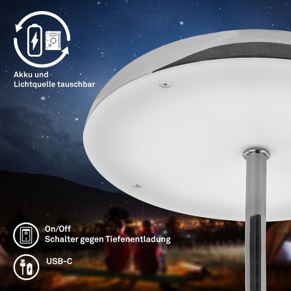 BRILONER Caxa stolní lampa - 2,8W, 300lm, bezdrátová, IP44, LED, stmívatelná, dotykový vypínač, chrom 7573018