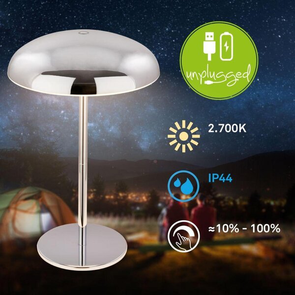 BRILONER Caxa stolní lampa - 2,8W, 300lm, bezdrátová, IP44, LED, stmívatelná, dotykový vypínač, chrom 7573018