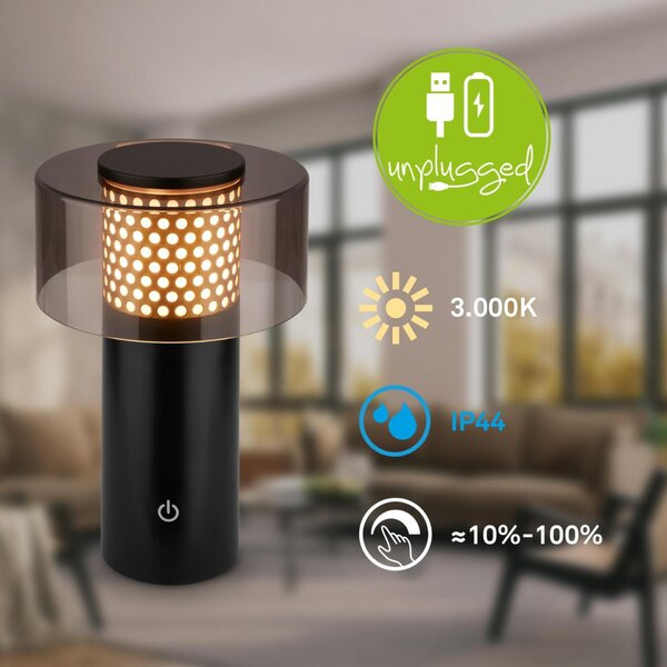BRILONER Gila stolní lampa - 2,6W, 200lm, bezdrátová, LED, IP44, dotykový vypínač, stmívatelná, černá/zlatá 7669015