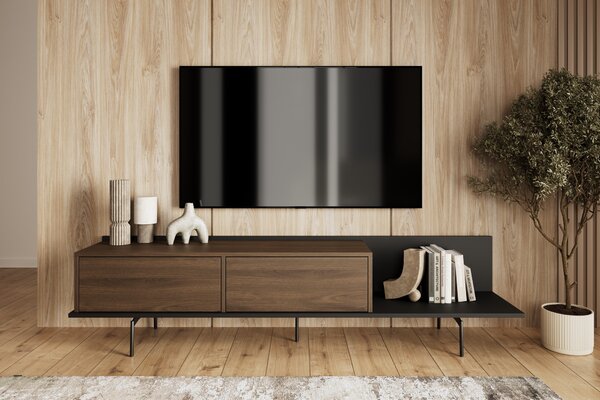 Moderní RTV skříňka Zenar 200 cm s kovovými nohami - elegantní ořech / černá