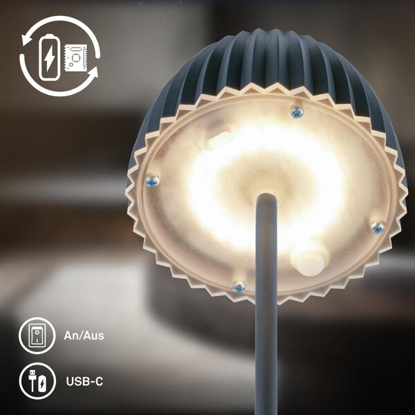 BRILONER Nabíjecí stolní lampa Riffle - 36,5 cm, 2W, 200lm, IP44, bezdrátová, LED, stmívatelná, dotykový vypínač, antracit 7553015