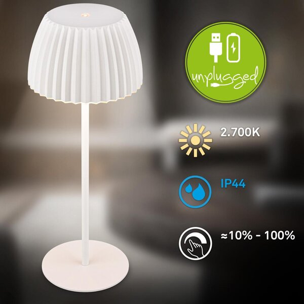 BRILONER Nabíjecí stolní lampa Riffle - 36,5 cm, 2W, 200lm, IP44, bezdrátová, LED, stmívatelná, dotykový vypínač, bílé 7553016