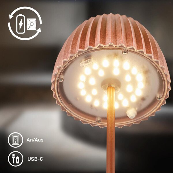 BRILONER Nabíjecí stolní lampa Riffle - 36,5 cm, 2W, 200lm, IP44, bezdrátová, LED, stmívatelná, dotykový vypínač, měď 7553013
