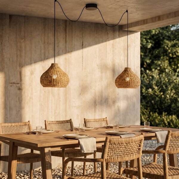 Lucande Venkovní závěsná lampa Taniola, 2 světla, béžová, ratan, IP44, stmívatelný, Světlé dřevo, Dřevo, Venkovský / rustikální