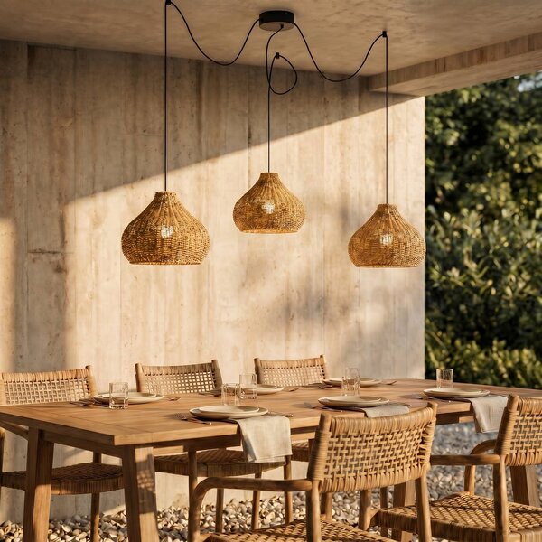 Lucande Venkovní závěsná lampa Taniola, 3 světla, béžová, ratan, IP44, stmívatelný, Světlé dřevo, Dřevo, Venkovský / rustikální