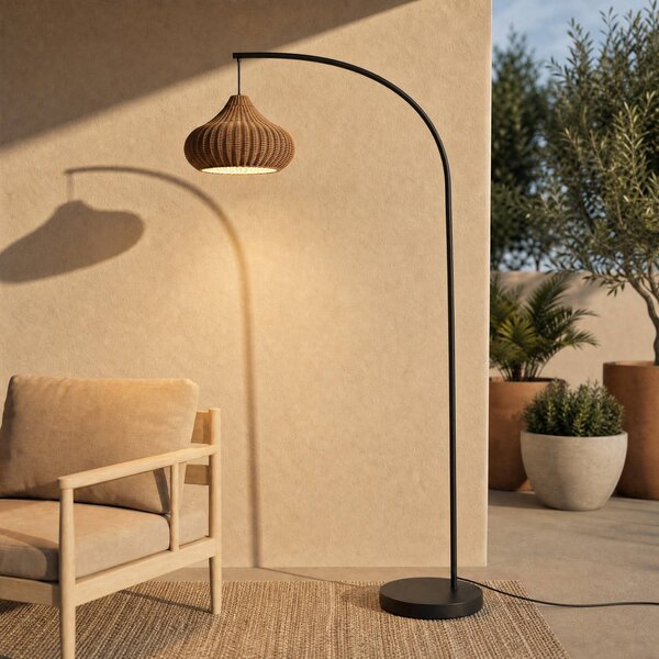 Lucande Venkovní stojací lampa Taniola, béžová, ratan, 195 cm, IP44, Světlé dřevo, Dřevo, Venkovský / rustikální, stojací lampa