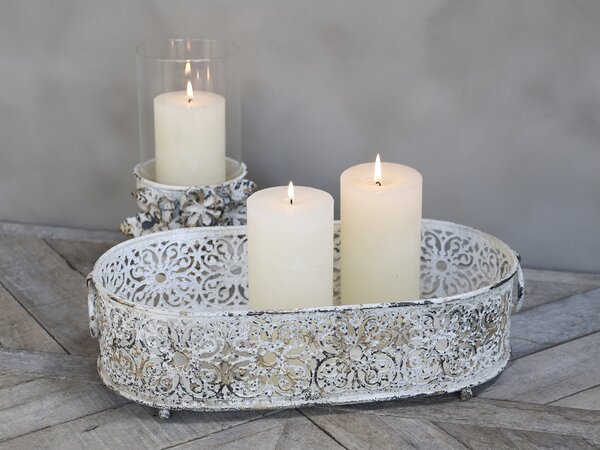 Krémový antik dekorační kovový podnos / svícen Lace - 17*9,5 cm - Chic Antique