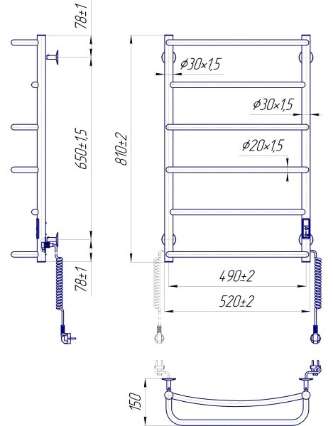 Koupelnový žebříkový radiátor LUX 105W/230V 81x52 cm nerez/lesklý chrom pravá