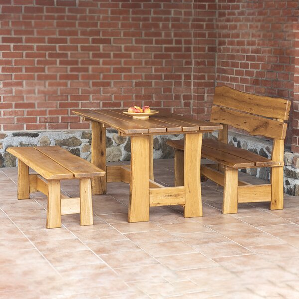 KULHÁNEK Rustikální dubová sestava - stůl, 1x lavice s opěradlem, 1x lavice bez opěradla