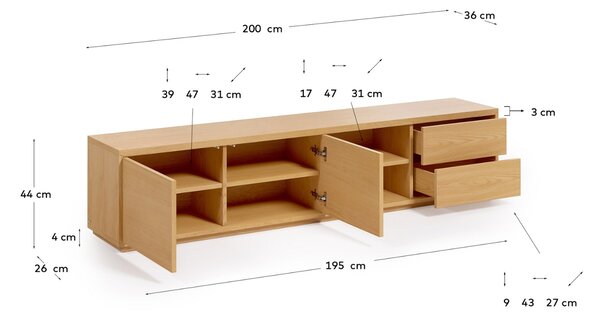 Dubový TV stolek Kave Home Abilen 200 x 36 cm