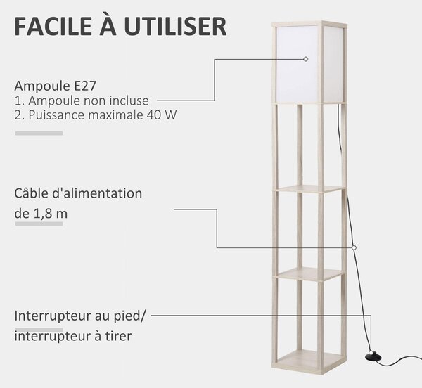 HOMCOM Regál na stojací lampu 26L x 26W x 160H cm 3 police 4 úrovně MDF Světle šedý
