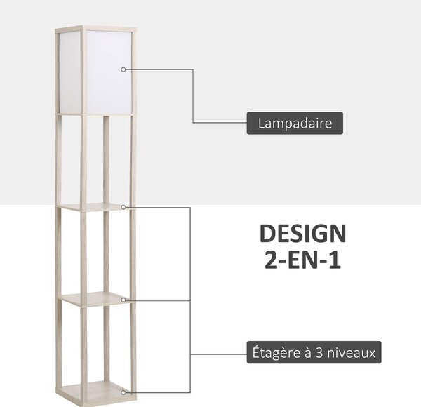 HOMCOM Regál na stojací lampu 26L x 26W x 160H cm 3 police 4 úrovně MDF Světle šedý