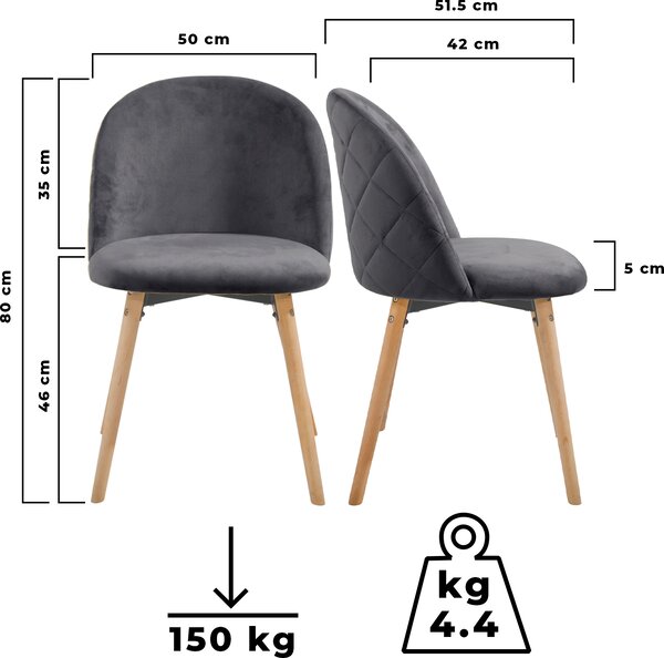MIADOMODO Sada jídelních židlí sametové, šedá, 4 ks