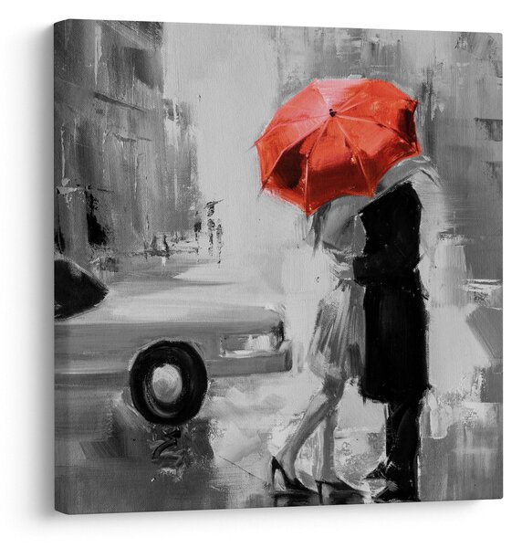 Obraz - Zamilovaný pár pod deštníkem, červený (30x30 cm)