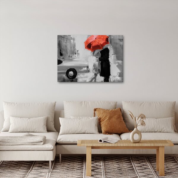 Obraz - Zamilovaný pár pod deštníkem, červený (70x50 cm)