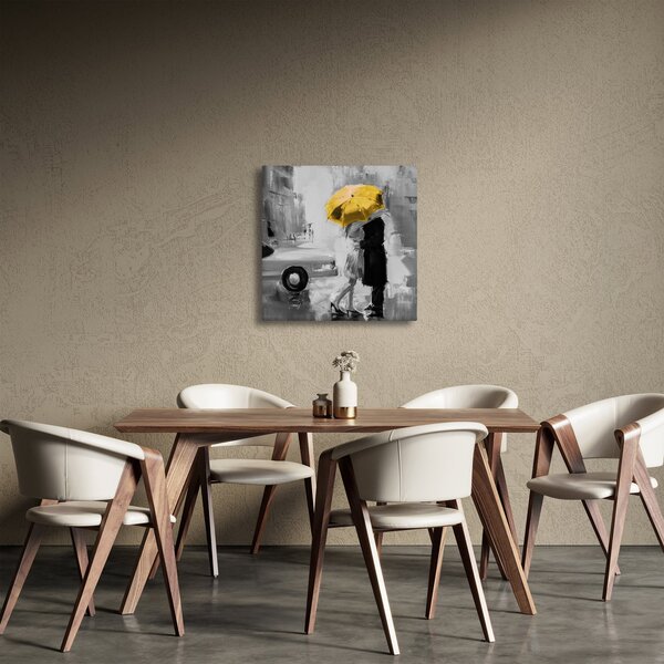 Obraz - Zamilovaný pár pod deštníkem, žlutý (30x30 cm)