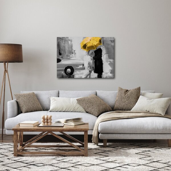 Obraz - Zamilovaný pár pod deštníkem, žlutý (70x50 cm)