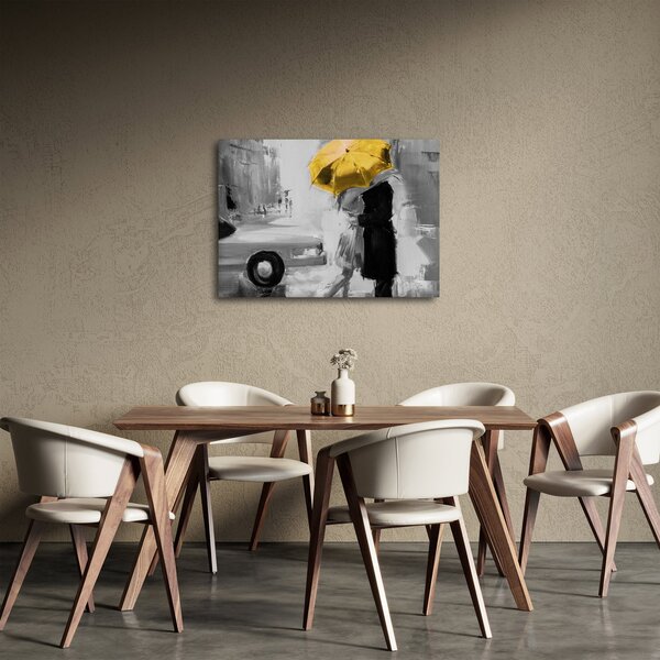 Obraz - Zamilovaný pár pod deštníkem, žlutý (70x50 cm)