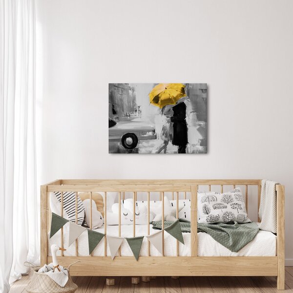 Obraz - Zamilovaný pár pod deštníkem, žlutý (70x50 cm)