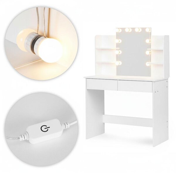ModernHome FH-DT220108 Kosmetický toaletní stolek s LED zrcadlem a taburetem, bílý