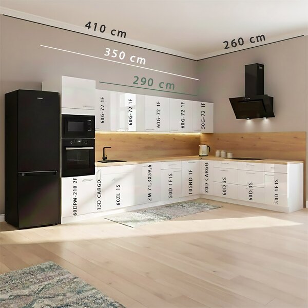 Kuchyňská linka LARA wh | ve tvaru L | 410x260 cm | UNI provedení | zásuvky PREMIUM BOX | bílá lesk
