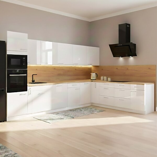 Kuchyňská linka LARA wh | ve tvaru L | 410x260 cm | UNI provedení | zásuvky PREMIUM BOX | bílá lesk